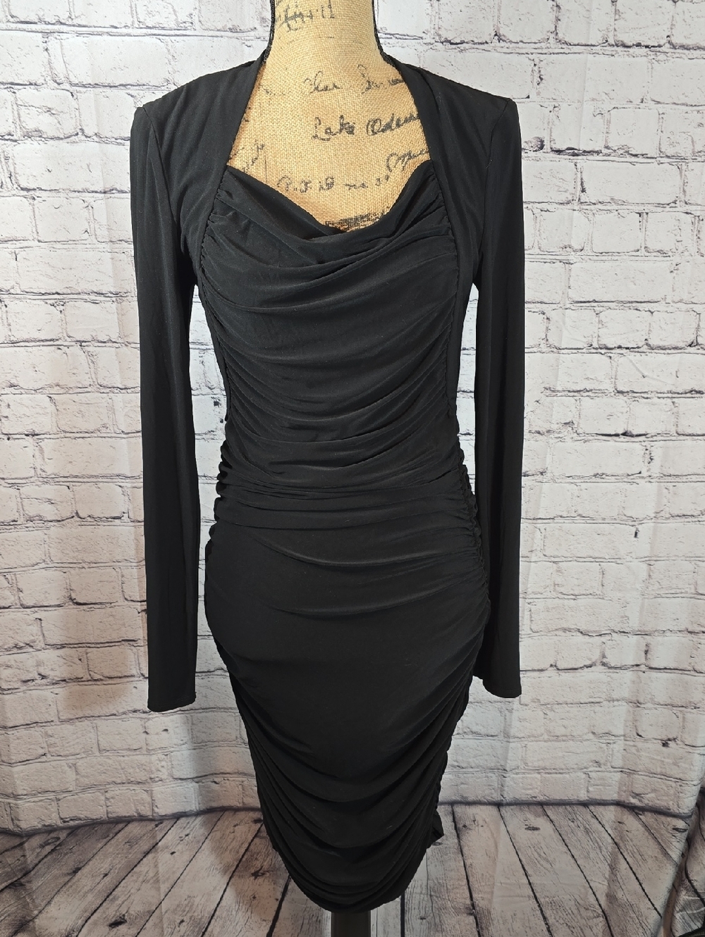 T Tahari Black Long Sleeve Ruched Bodycon Dress Size M